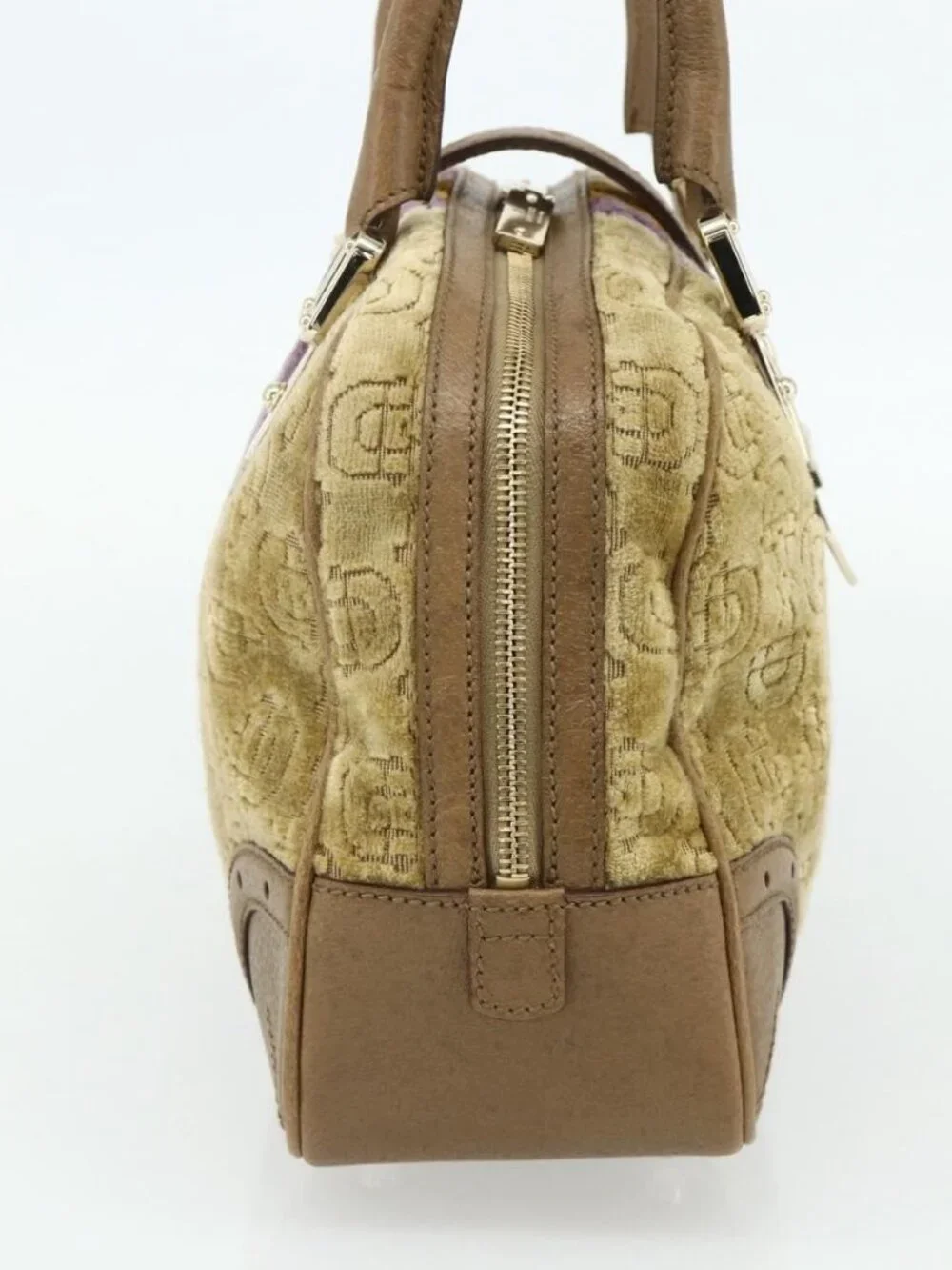 GUCCI Horsebit Boston Bag Velor Gold Beige 145770 Auth 176490V